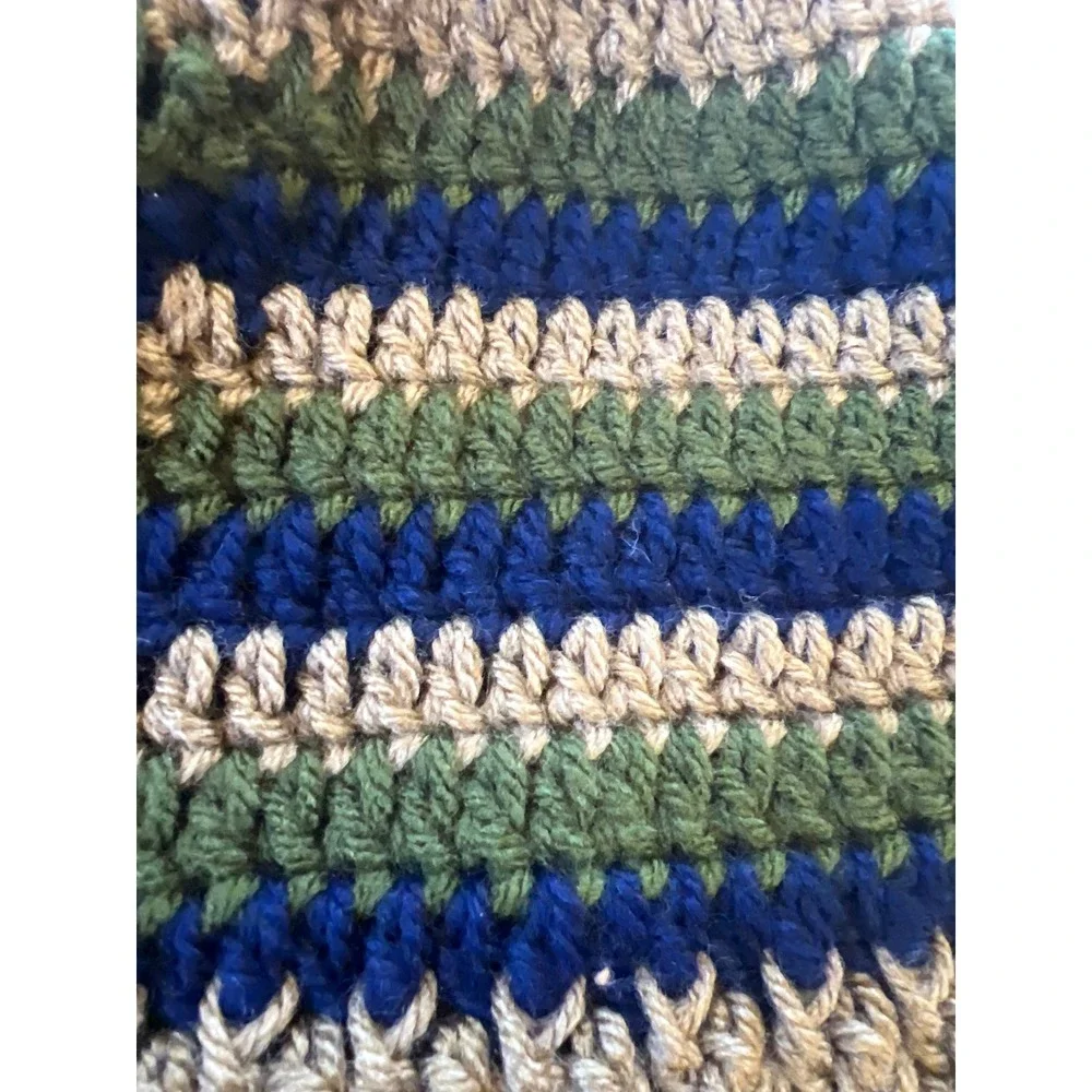 Handmade Crochet‎ Striped Beanie Hat Green Blue Tan Winter Knit Skull Cap Boho